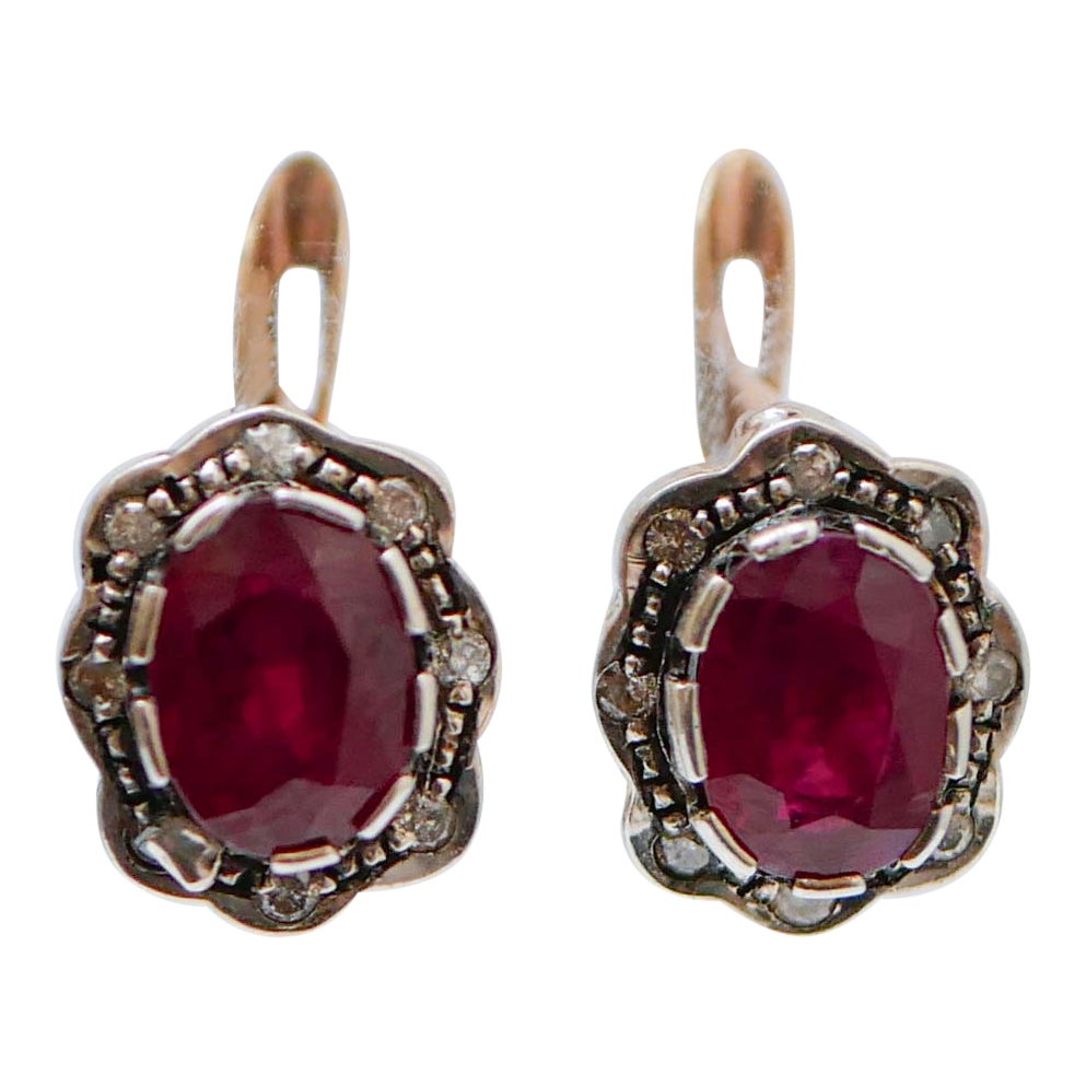 Rubies, Diamonds, Rose Gold and Silver Retrò Earrings. For Sale
