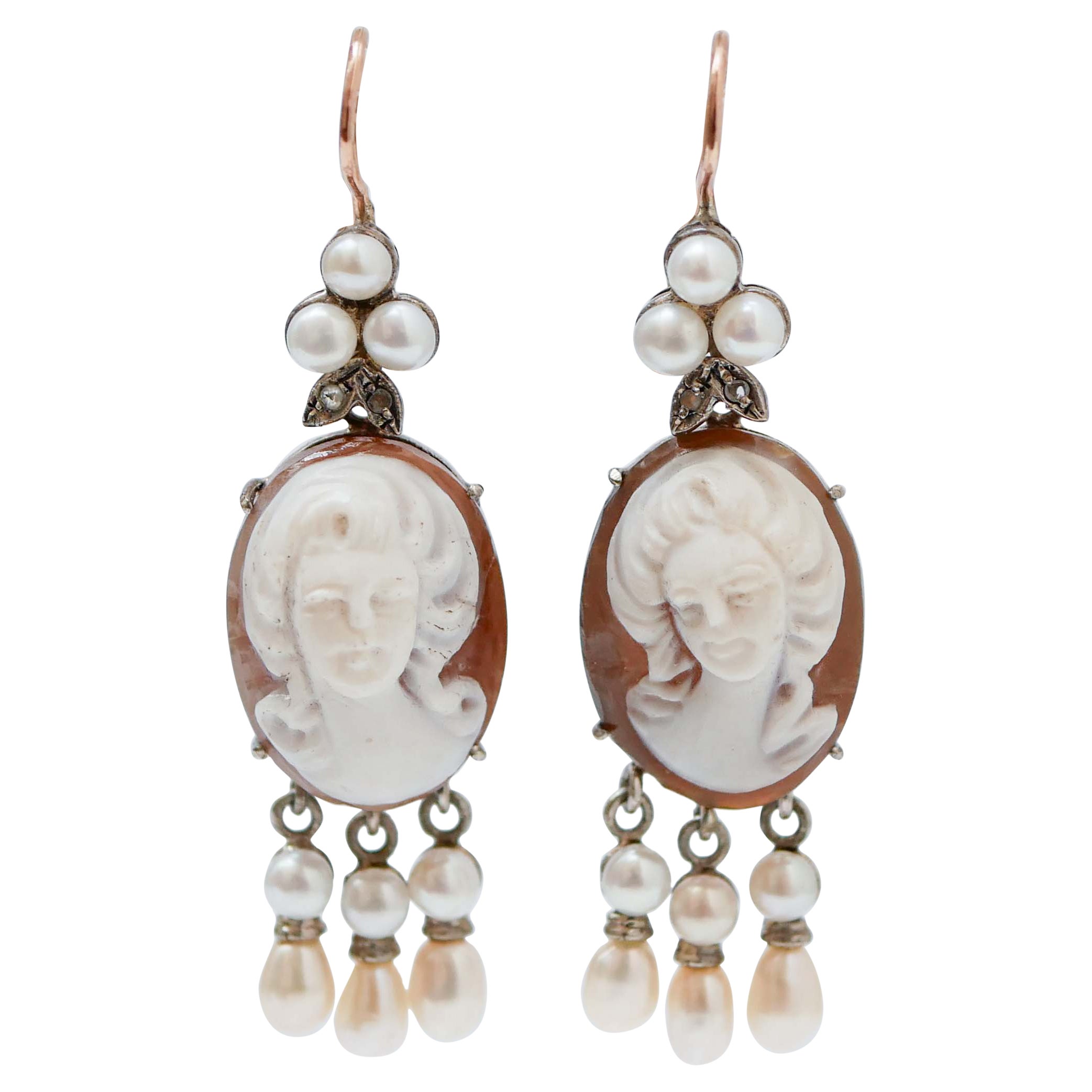 Cameo, Pearls, Diamonds, Rose Gold and Silver Retrò Earrings. For Sale