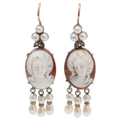 Vintage Cameo, Pearls, Diamonds, Rose Gold and Silver Retrò Earrings.