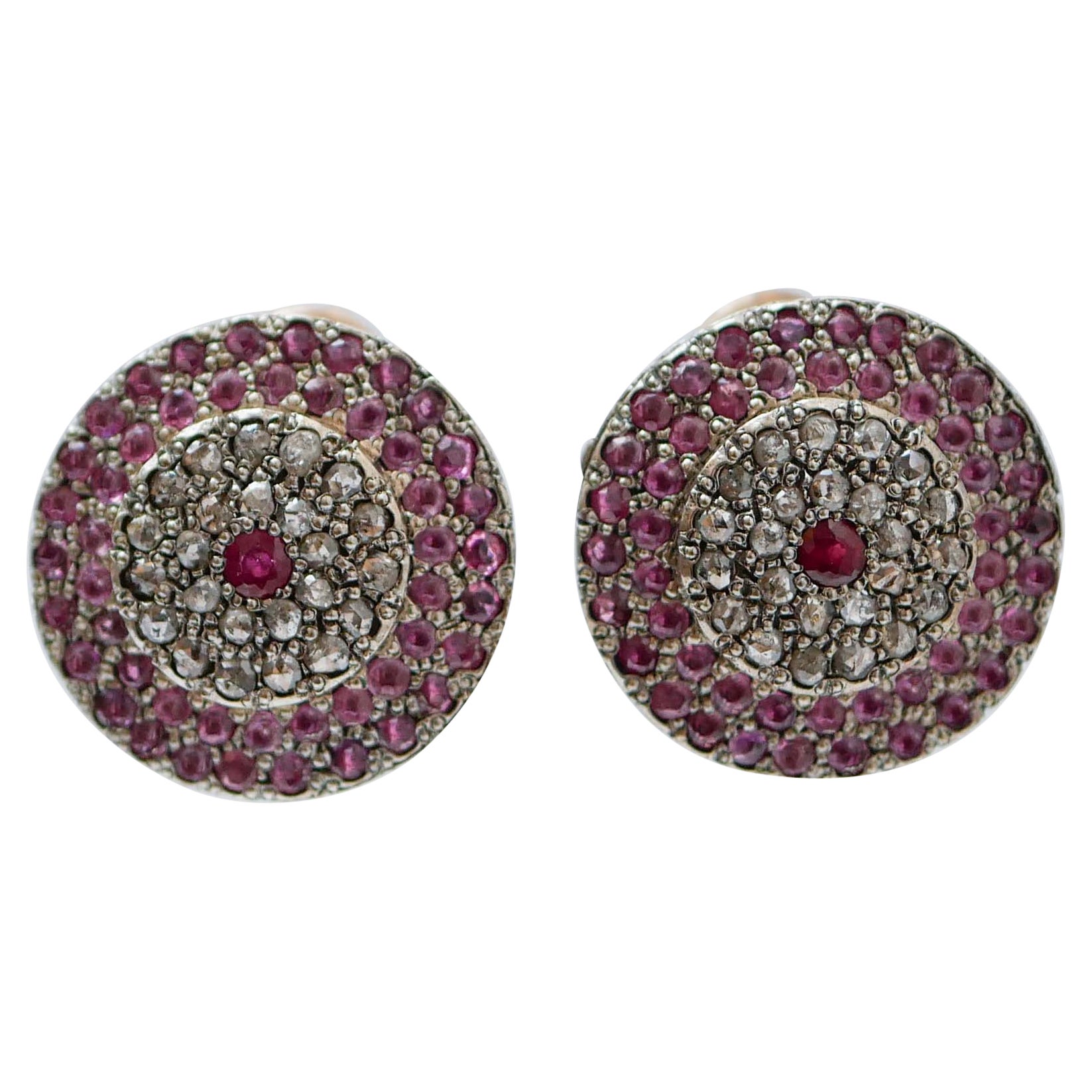 Rubies, Diamonds, Rose Gold and Silver Earrings For Sale