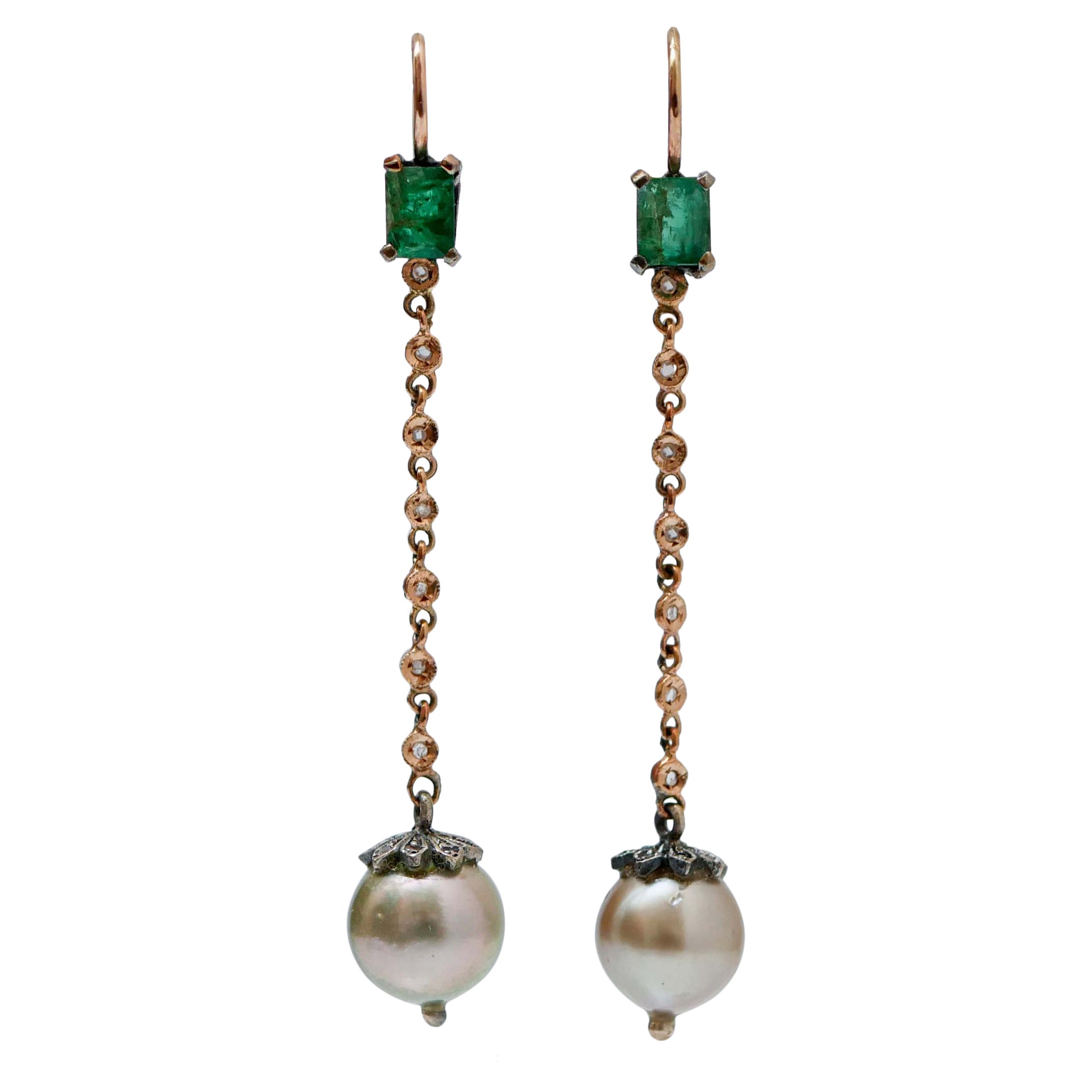 Pearls, Emeralds, Diamonds, Rose Gold and Silver Dangle Earrings. For Sale