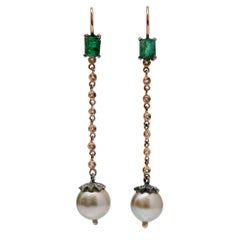 Pearls, Emeralds, Diamonds, Rose Gold and Silver Dangle Earrings.