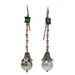 Vintage Pearls, Emeralds, Diamonds, Rose Gold and Silver Earrings.