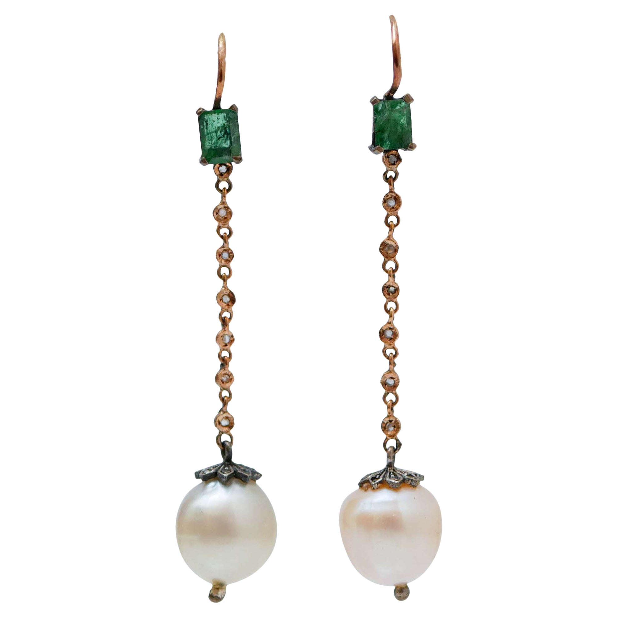 Pearls, Emeralds, Diamonds, Rose Gold and Silver Dangle Earrings.