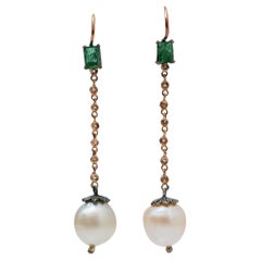 Retro Pearls, Emeralds, Diamonds, Rose Gold and Silver Dangle Earrings.