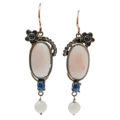 Coral, Sapphires, Diamonds, 14 Karat Rose Gold and Silver Earrings.