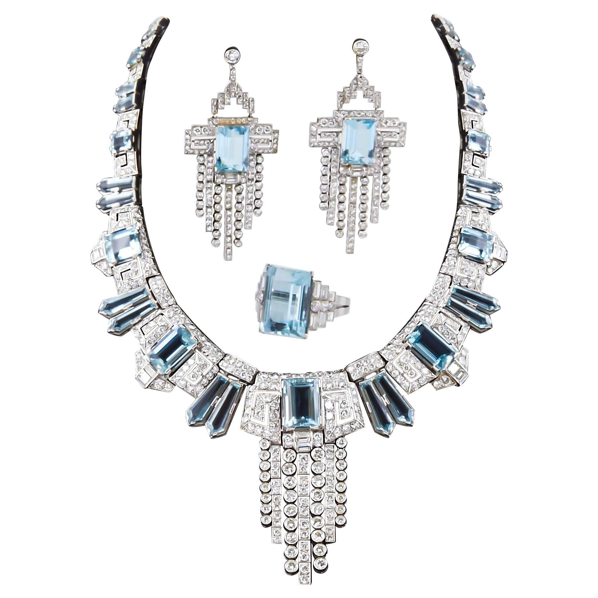 Aquamarine  Diamond Accent Necklace Ring  Earring set 