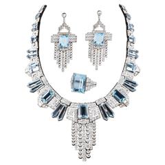 Aquamarine  Diamond Accent Necklace Ring  Earring set