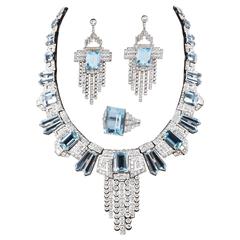 Antique Aquamarine  Diamond Accent Necklace Ring  Earring set 