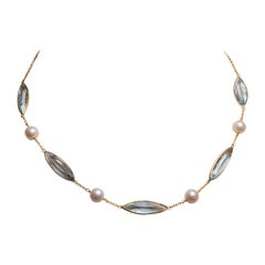 Aquamarine and Pearl Necklace in 18K Gold