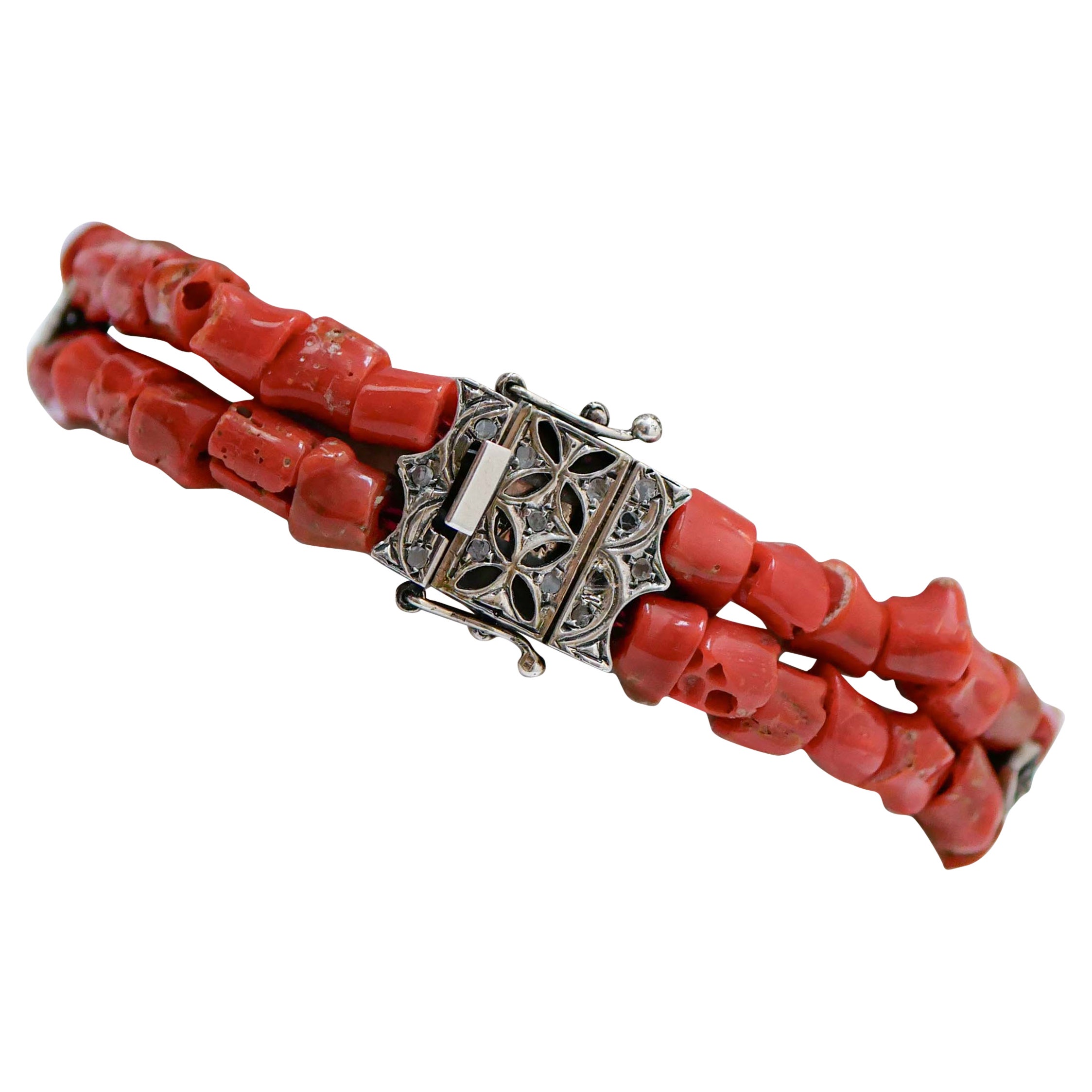 Coral, Rubies, Diamonds, Rose Gold and Silver Retrò Bracelet For Sale