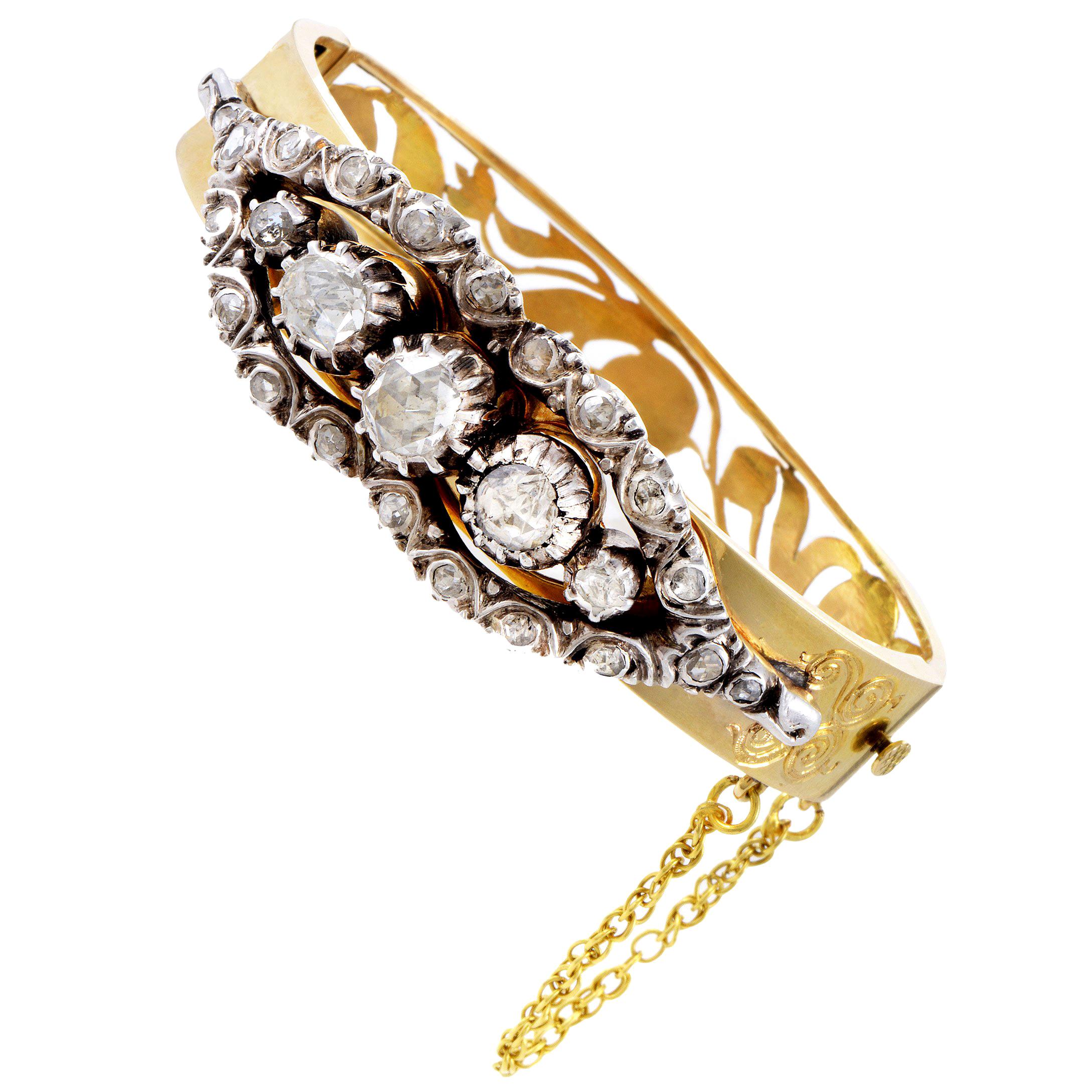 Rose Cut Diamond Silver Gold Bangle Bracelet