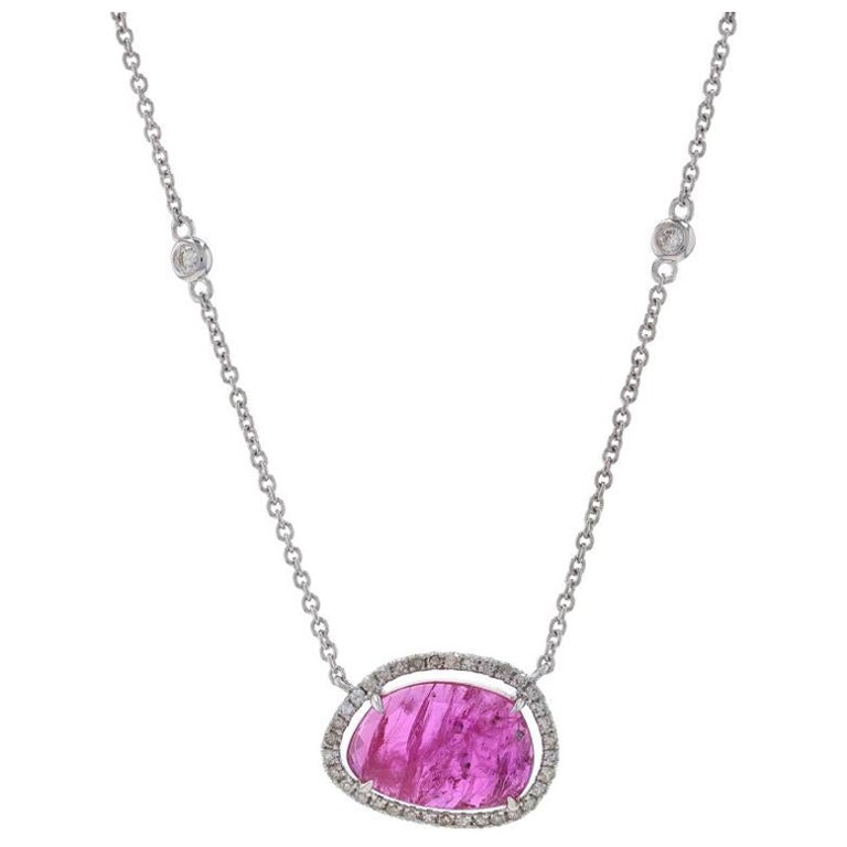 White Gold Ruby & Diamond Halo Necklace 14k Rose Cut Cabochon 3.84ctw Adjustable For Sale