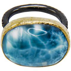 Large Caribbean Larimar Ring with Yellow Gold and Oxidized Silver size 7.25 5