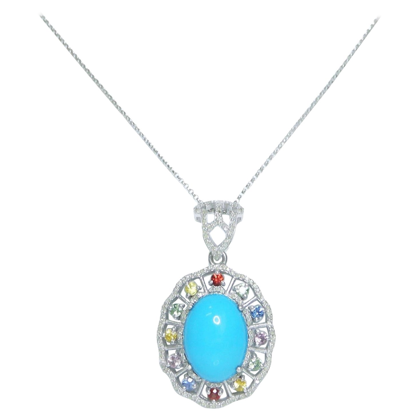 Silver 11.20 ct  Natural Turquoise Diamonds Antique Pendant Necklace For Sale