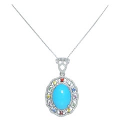 Silver 11.20 ct  Natural Turquoise Diamonds Used Pendant Necklace