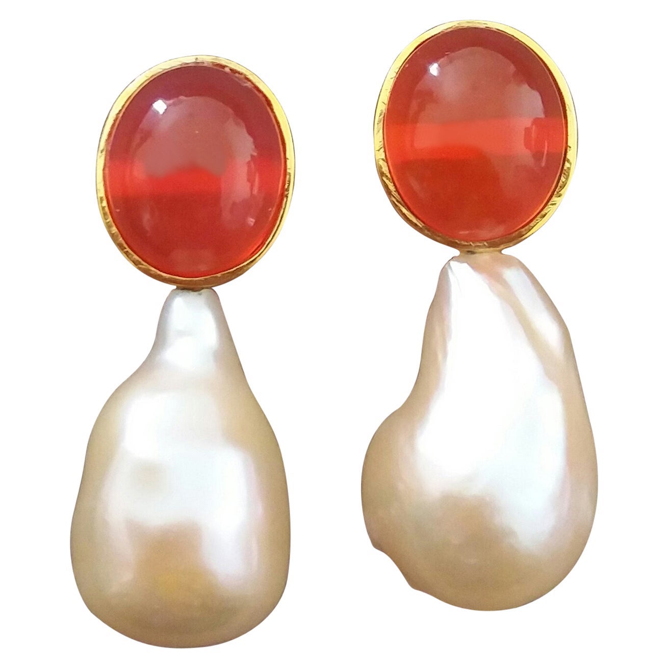 Oval Fire Opal Cabochons Cream Color Baroque Pearls 14K Gold Bezel Stud Earrings For Sale