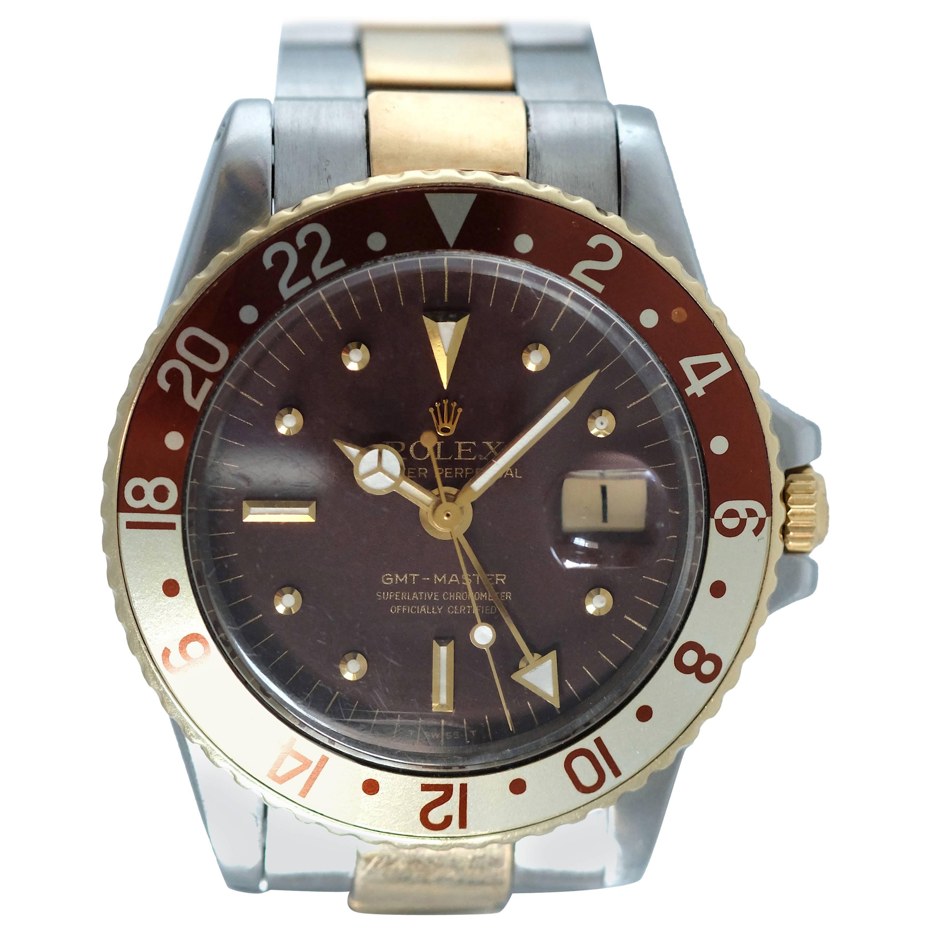 Rolex Yellow Gold Stainless Steel GMT Root Beer Dial Wristwatch For Sale
