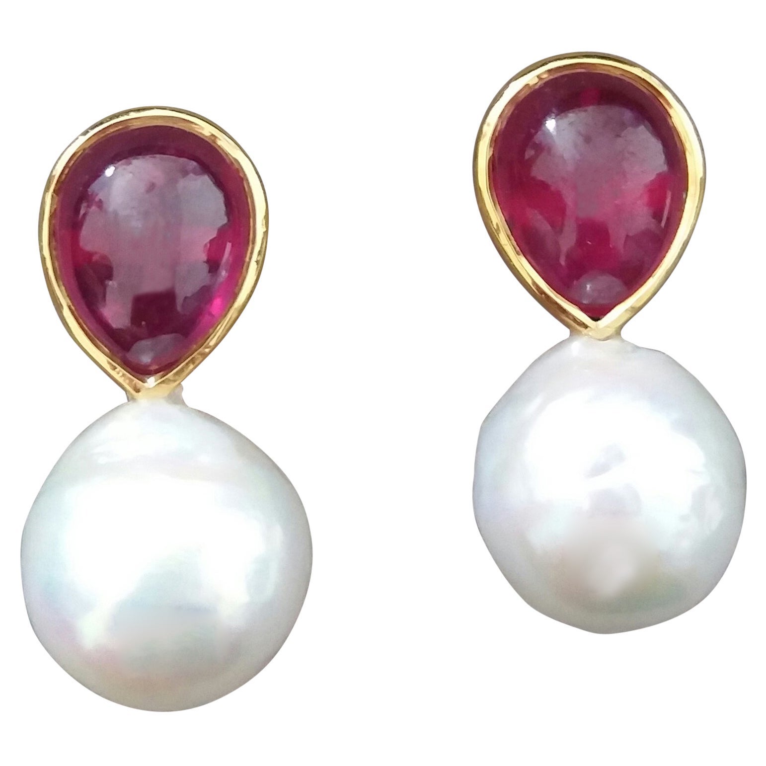 White Baroque Pearls Pear Shape Ruby Cabs 14 Kt Yellow Gold Bezel Stud Earrings