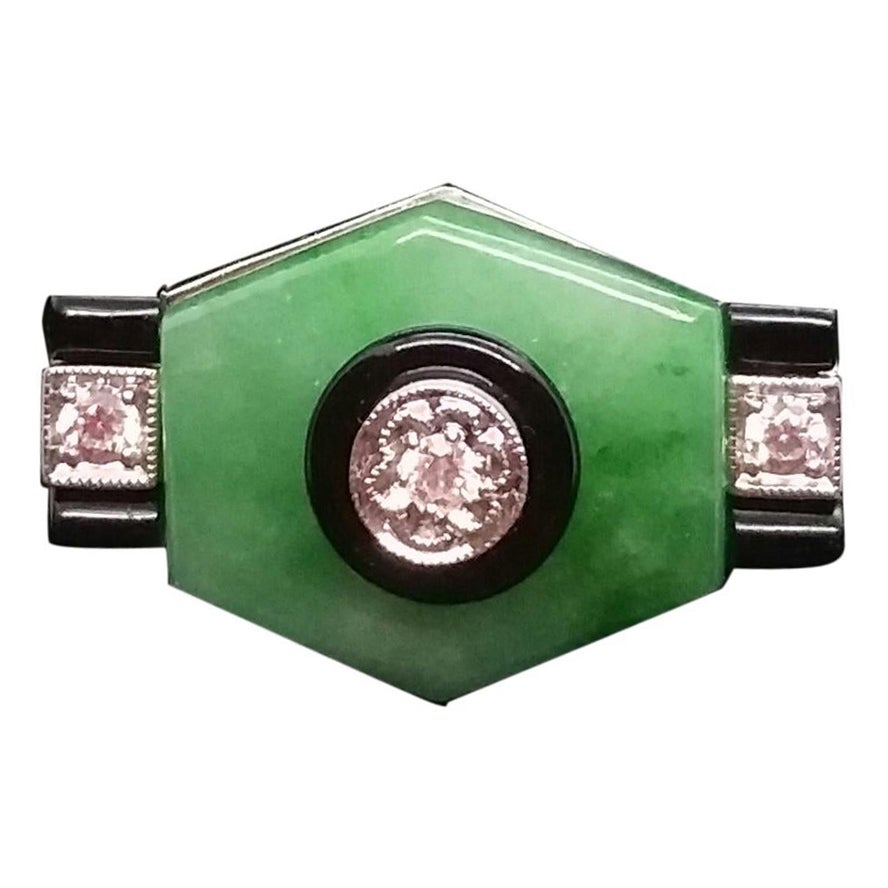 Art Deco Style Jade Black Onyx Diamonds Gold Ring For Sale