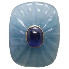 Inciso a forma di cuscino Acquamarina naturale Zaffiro blu ovale Cab oro giallo