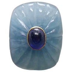 Vintage Engraved Cushion Shape Natural Aquamarine Blue Sapphire Oval Cab Yellow Gold