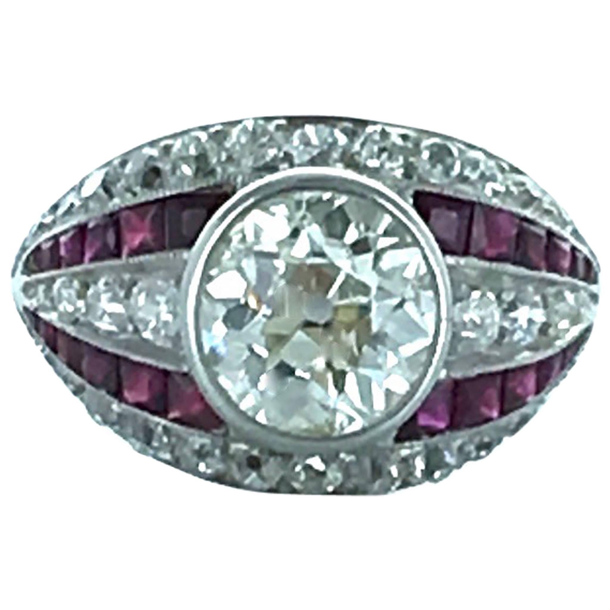 1930s Art Deco Diamond Ruby and Platinum Ring