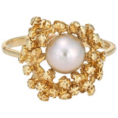 Bague vintage en or jaune 14 carats avec perles de culture abstraites, taille 7