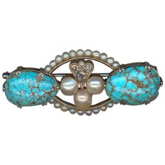 Antique Pearl Turquoise Diamond Platinum Brooch