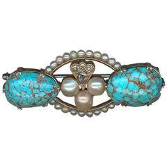 Antique Pearl Turquoise Diamond Platinum Brooch 1