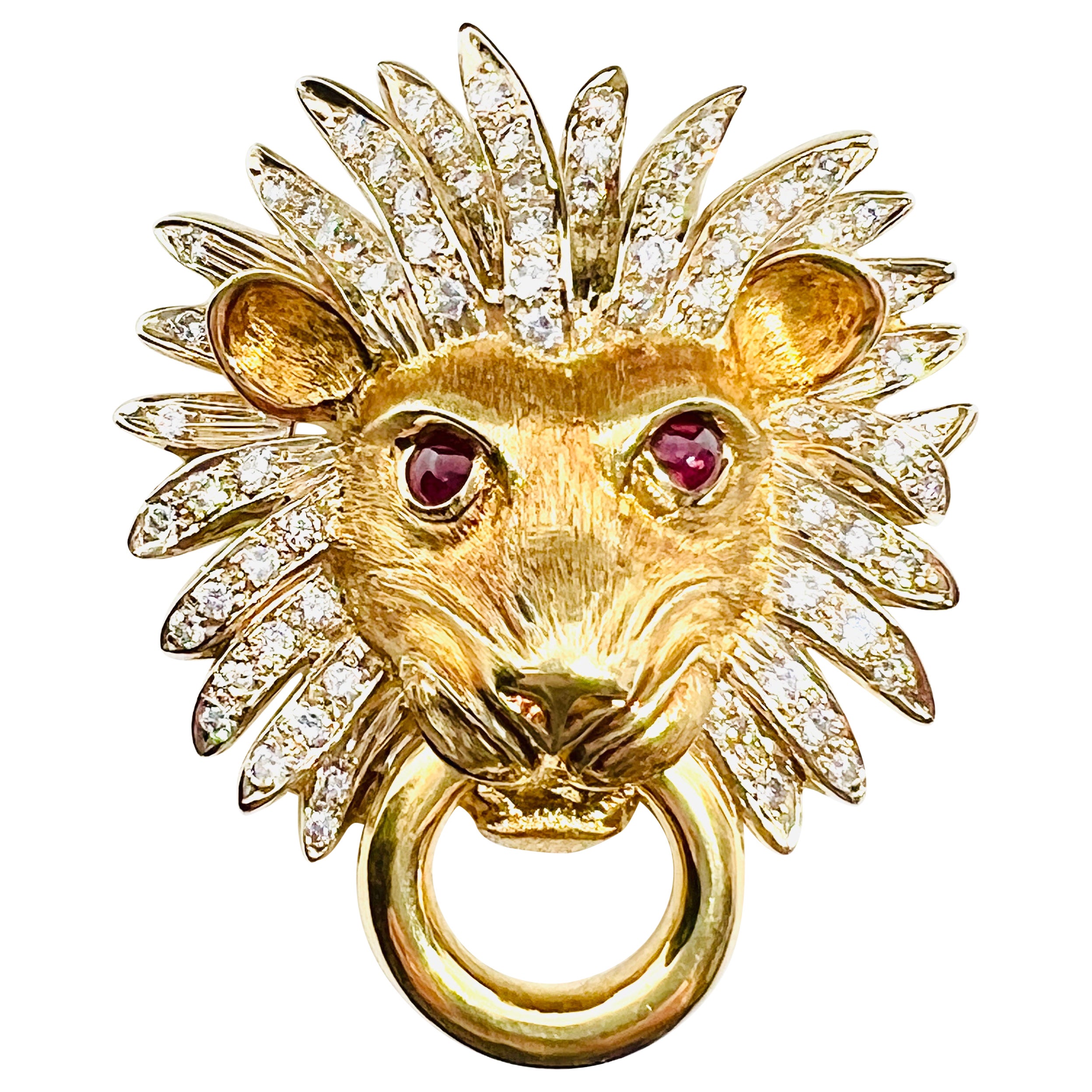 Adler 18k Yellow Gold, Diamond & Ruby Lionshead Doorknocker Enhancer Pendant For Sale