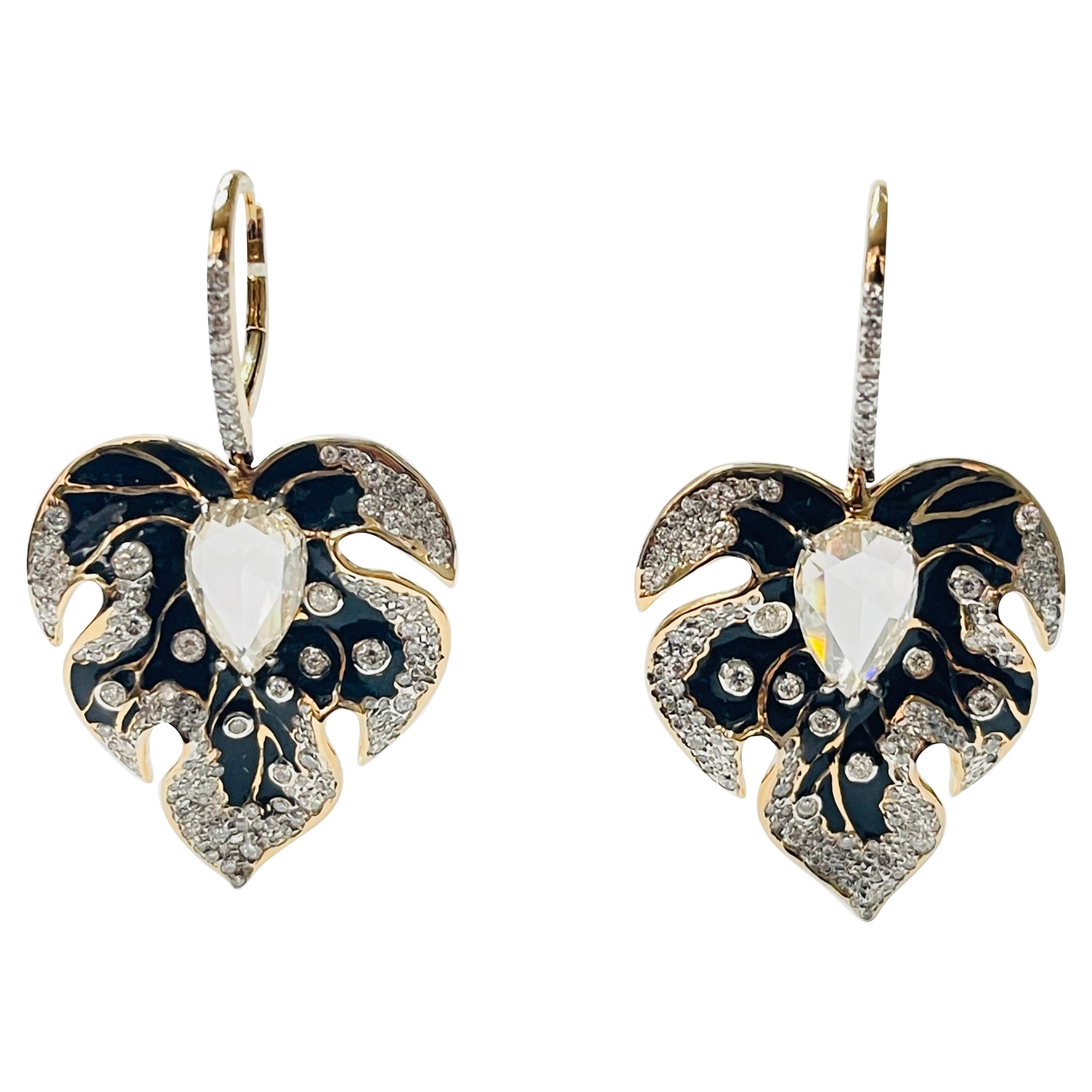 Pear Shape Diamond And Enamel Chandelier Earrings In 18 K Gold. 