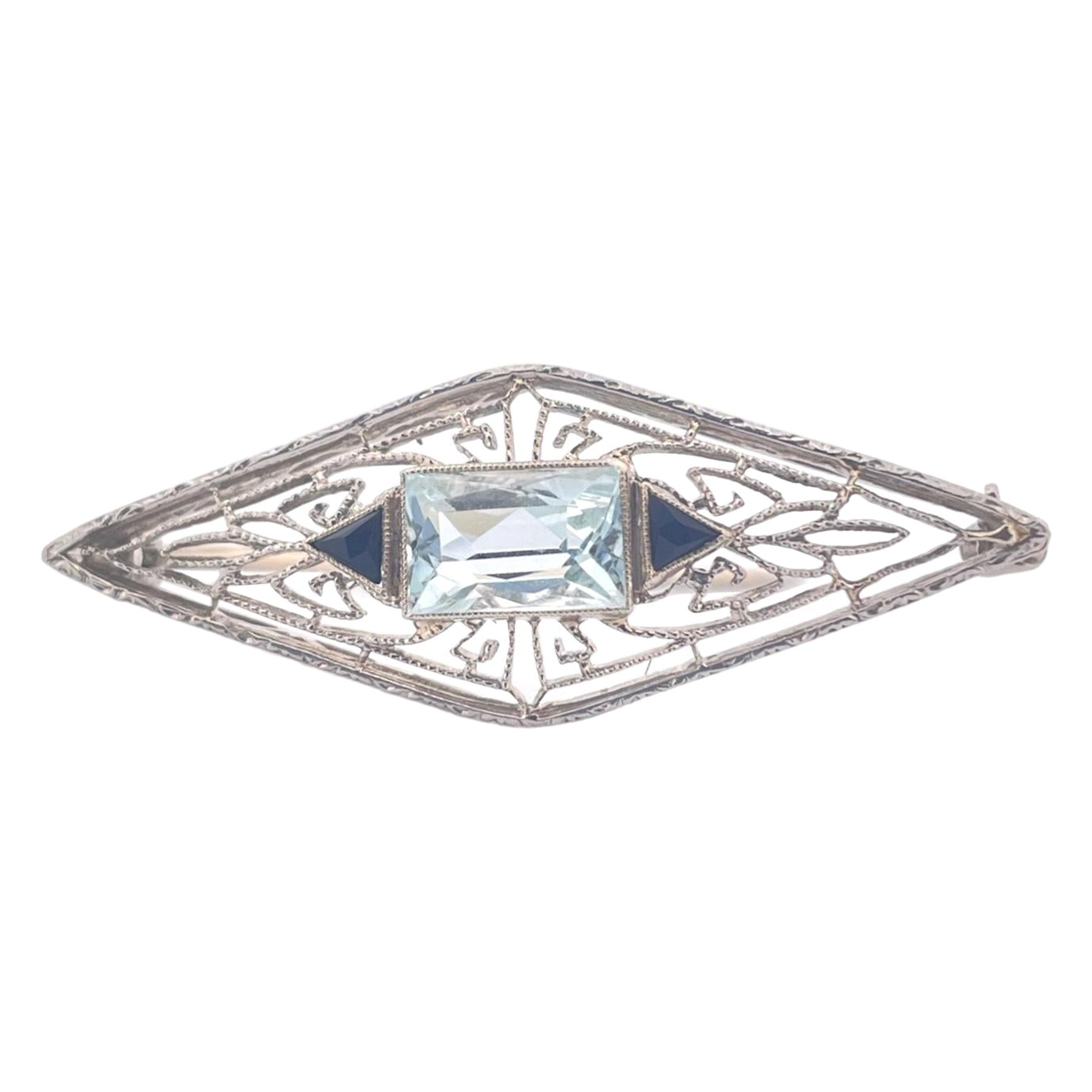 Art Deco Aqua and Onyx Brooch - 14K White Gold For Sale