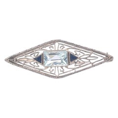 Art Deco Aqua and Onyx Brooch - 14K White Gold