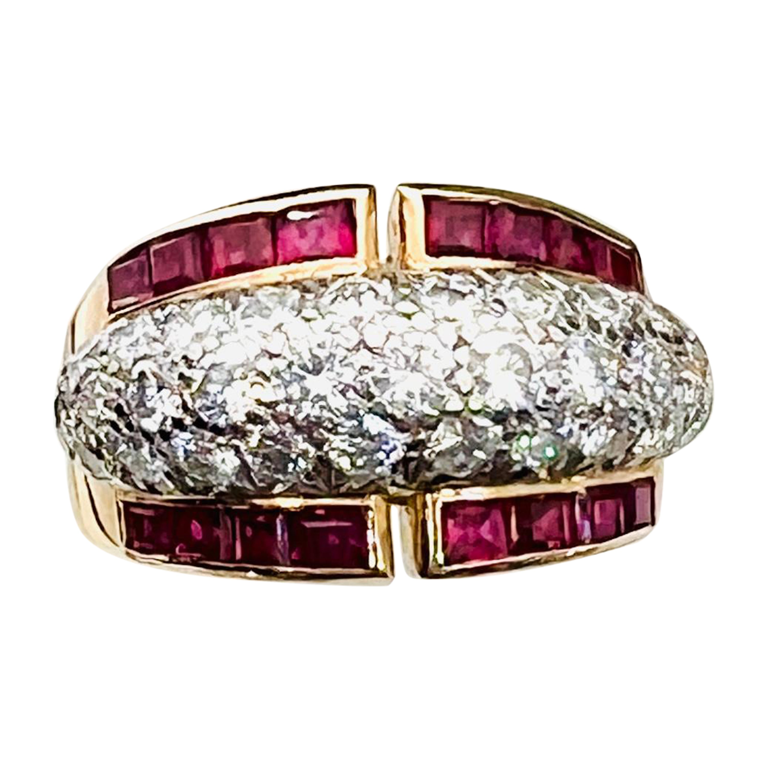 Oscar He-man Brothers Retro 18K Yellow Gold & Platinum Diamond & Ruby Ring  For Sale
