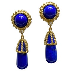 Designer 1970's CELLINO 18k Yellow Gold Lapis Lazuli & Diamond Drop Earrings
