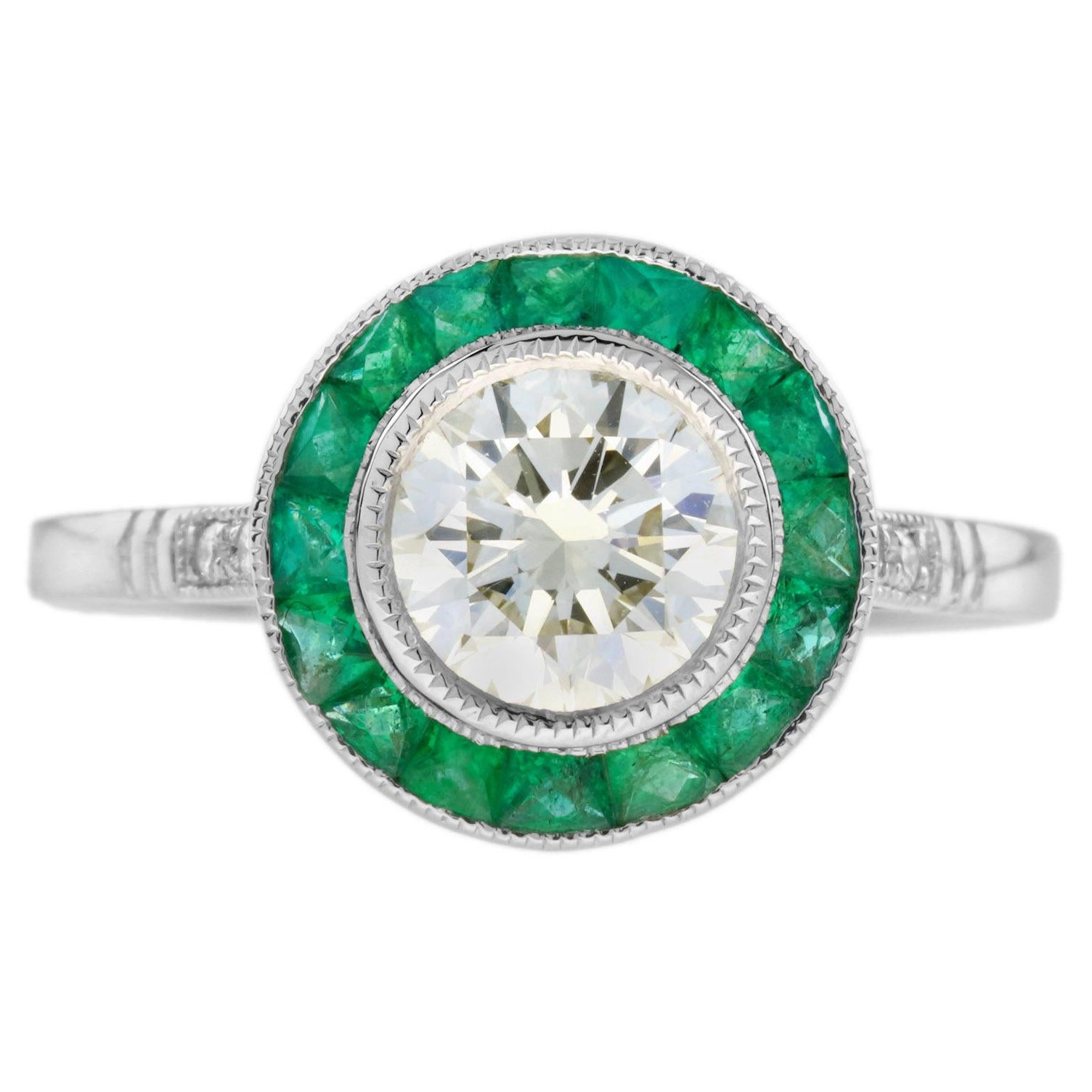 Certified 1 Ct. Diamond and Emerald Art Deco Style Target Ring in Platinum 950 For Sale