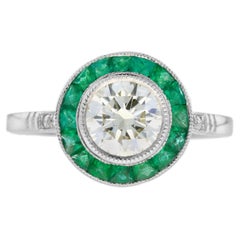 Certified 1 Ct. Diamond and Emerald Art Deco Style Target Ring in Platinum 950