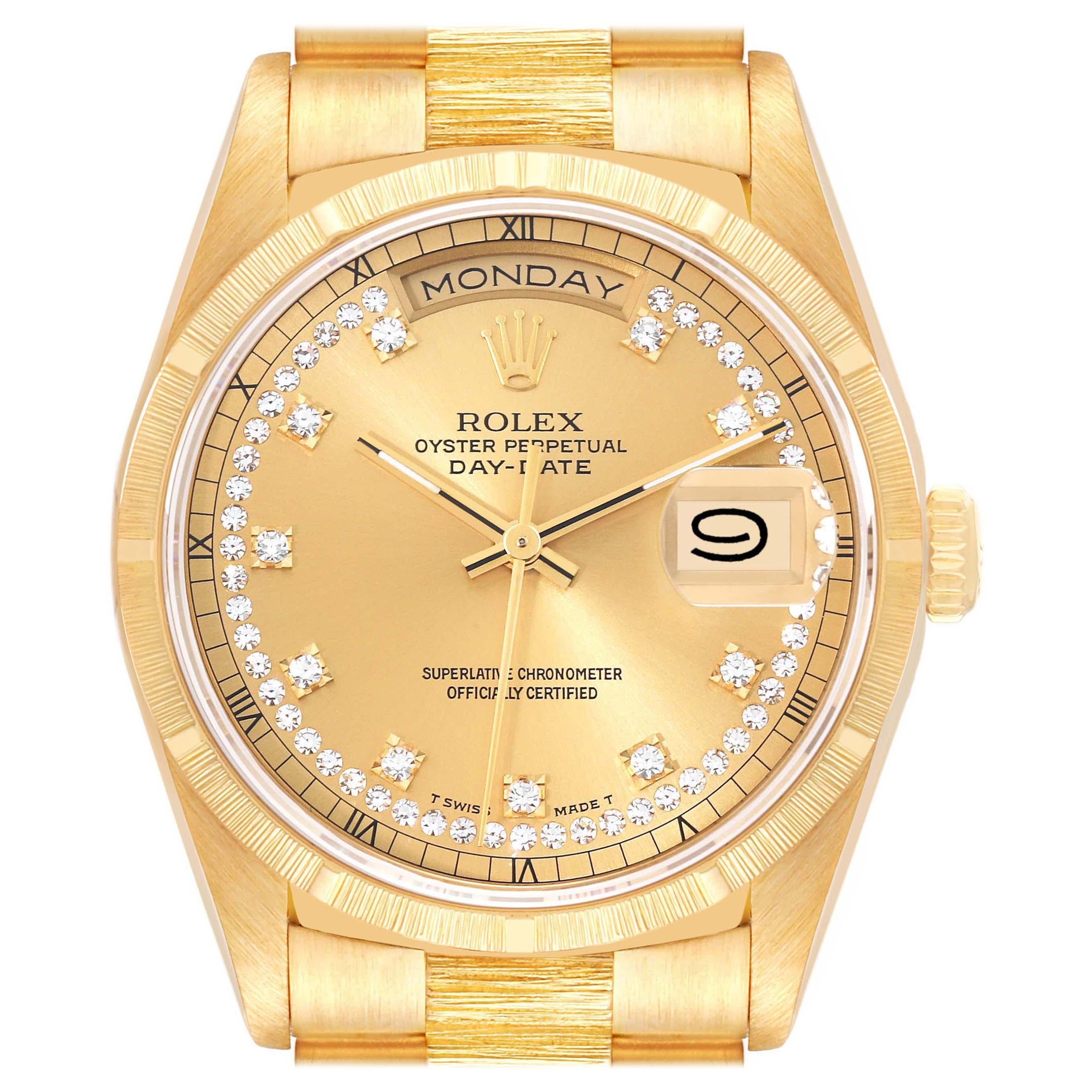 Rolex President Day-Date Or Jaune Écorce Cadran Diamant Montre Homme 18248 en vente