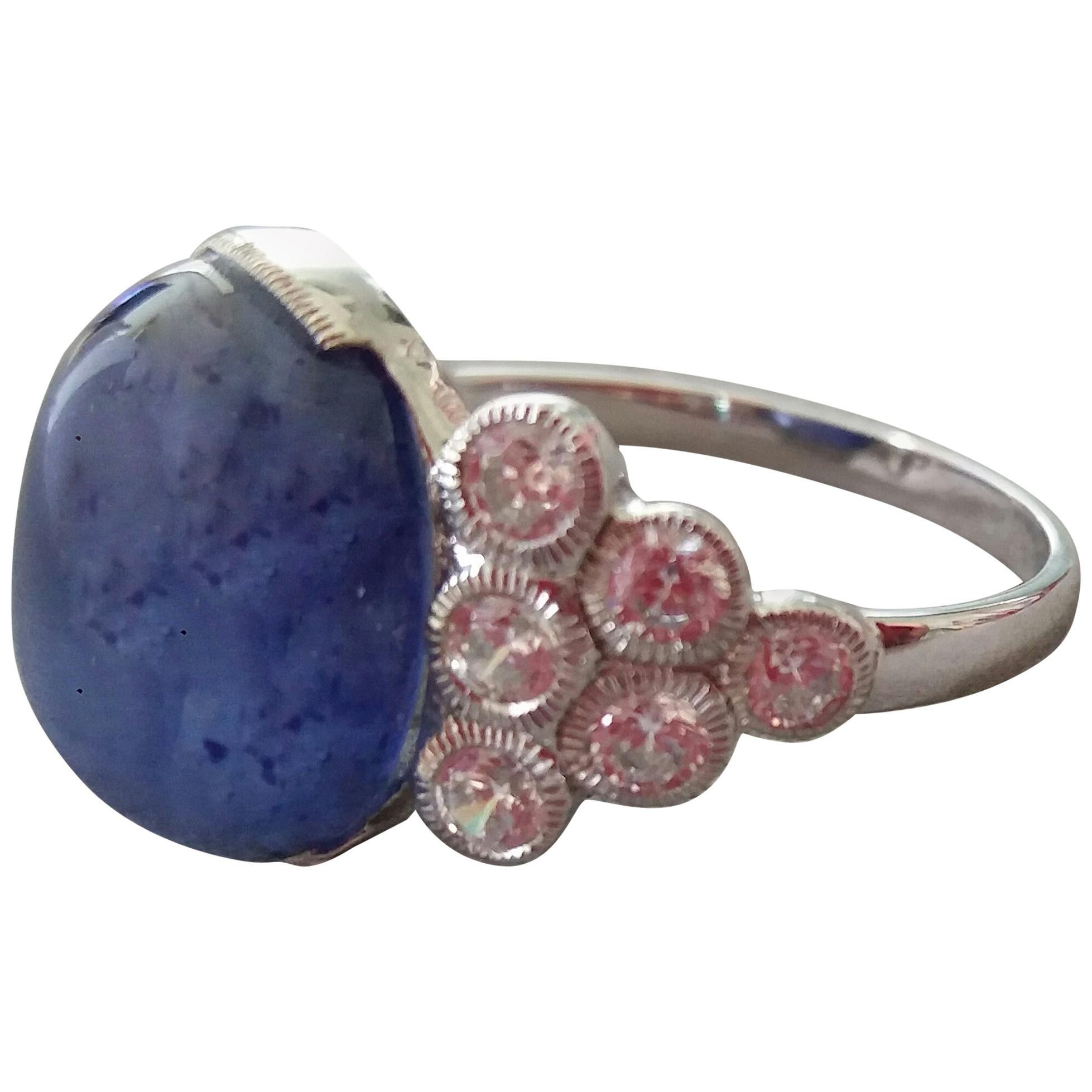 13 Carat Blue Sapphire Oval Cabochon Gold Full Cut Round Diamonds Cocktail Ring