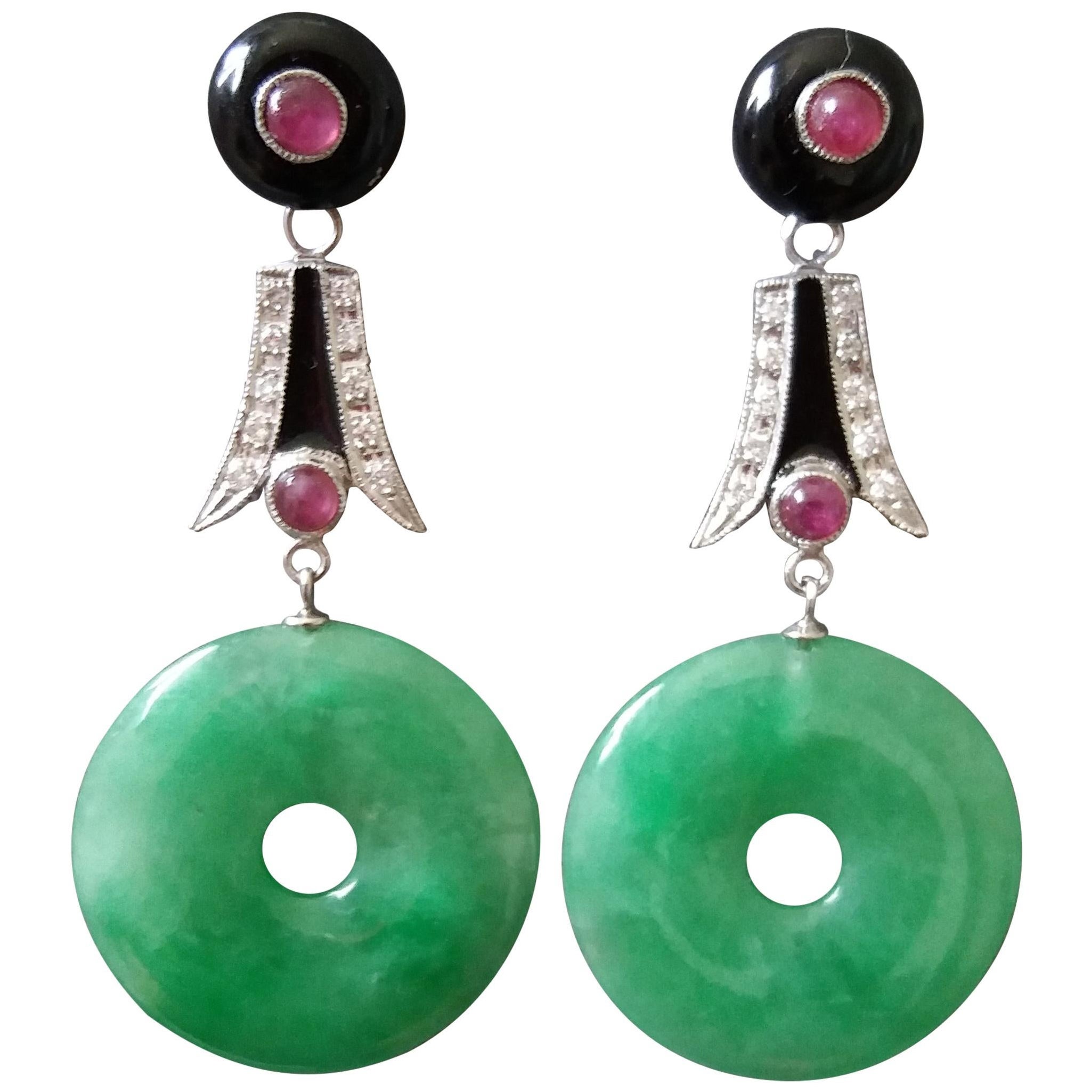 Art Deco Style Jade Donuts Gold Diamonds Ruby Black Onix Black Enamel Earrings For Sale