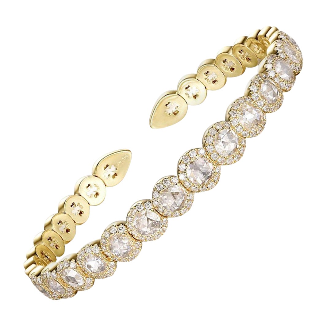 1.68 Carat Rose Cut Diamond Open Cuff Bangle Bracelet in 18 Karat Yellow Gold For Sale