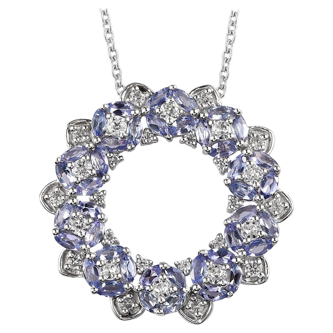 Natural Tanzanite Round White Gold Bridal Necklace Silver Jewelry for Women's  For Sale