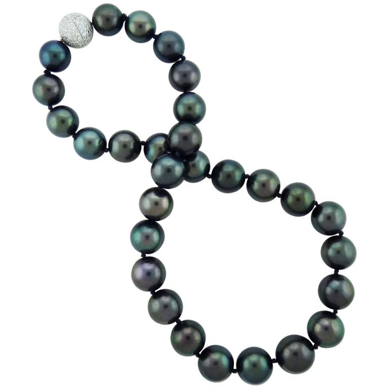 AAA South Sea Cultured Black Pearl Necklace with Diamond 18K Gold Clasp