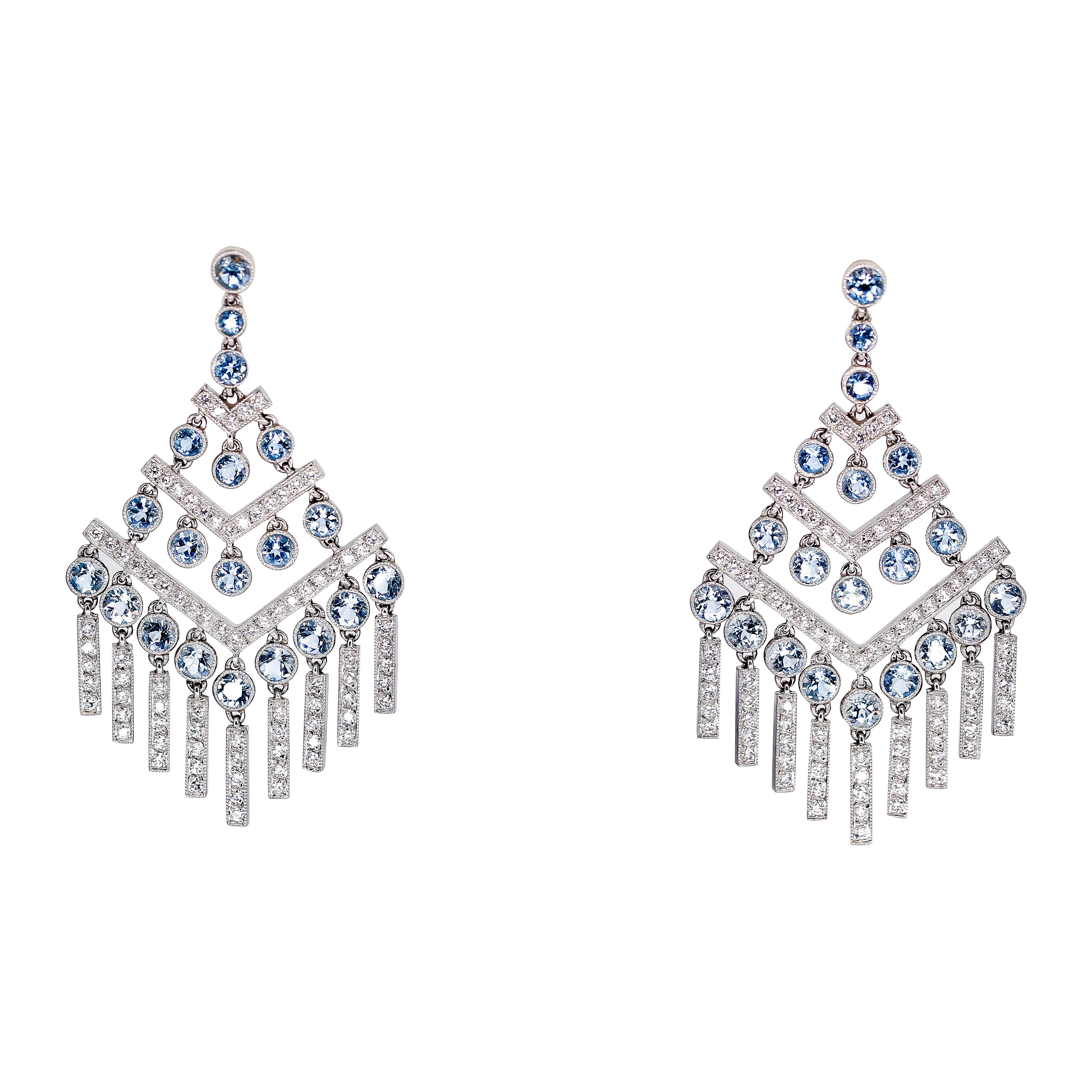 Tiffany & Co. Boucles d'oreilles aigue-marine diamant et platine Chevron Chandelier Frange en vente