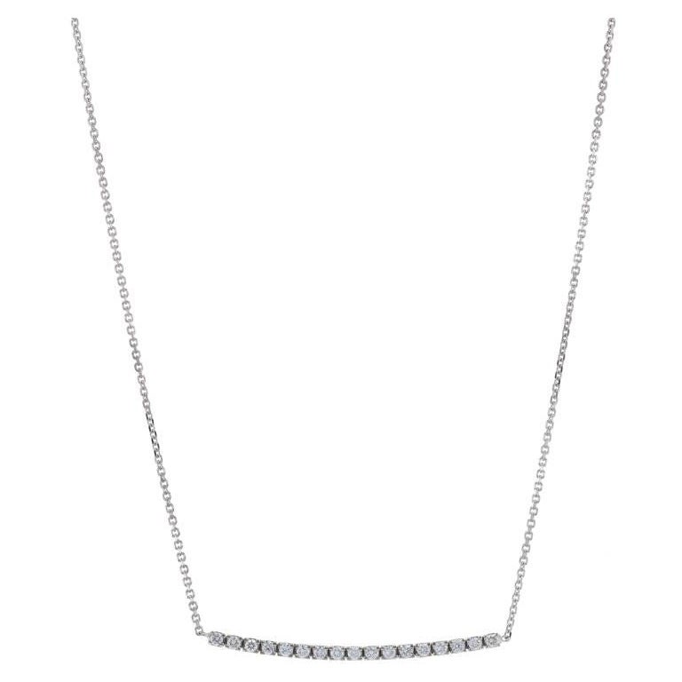 White Gold Diamond Curved Bar Pendant Necklace - 14k Round .32ctw Adjustable For Sale