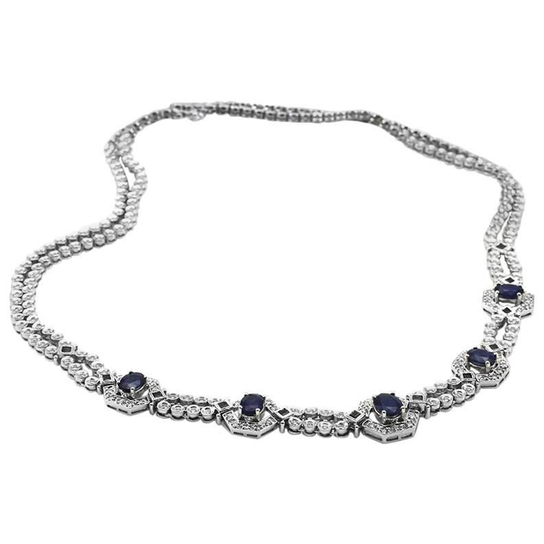 Sapphire Diamond Gold Double Strand Necklace For Sale