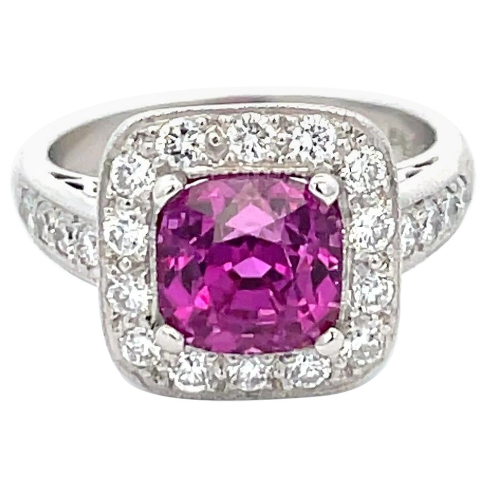 GIA Certified Purplish Pink Cushion Sapphire Diamond Halo Ring Sri Lanka 3.56 CT For Sale