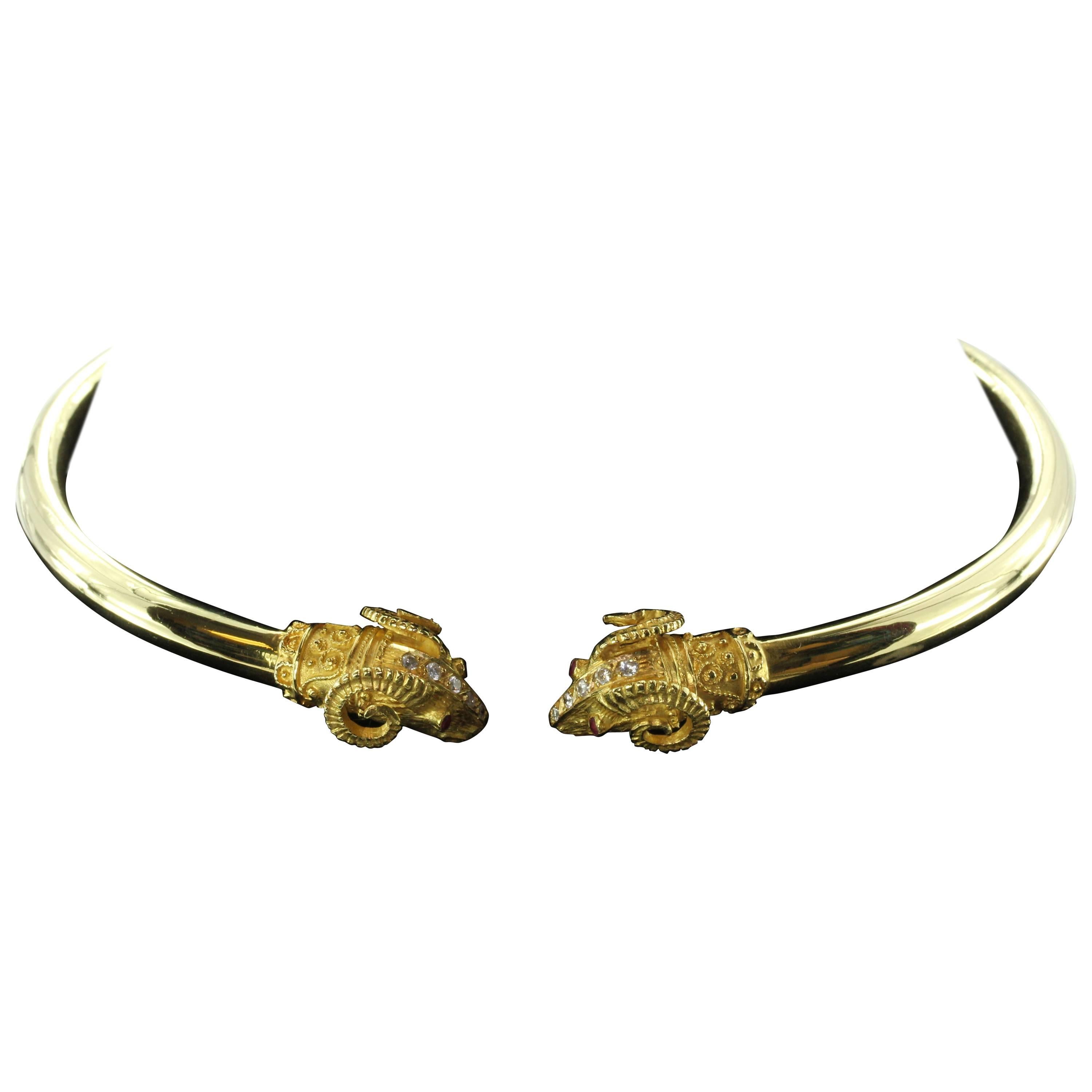 Gold Diamond and Ruby Figural Ram Head Collar