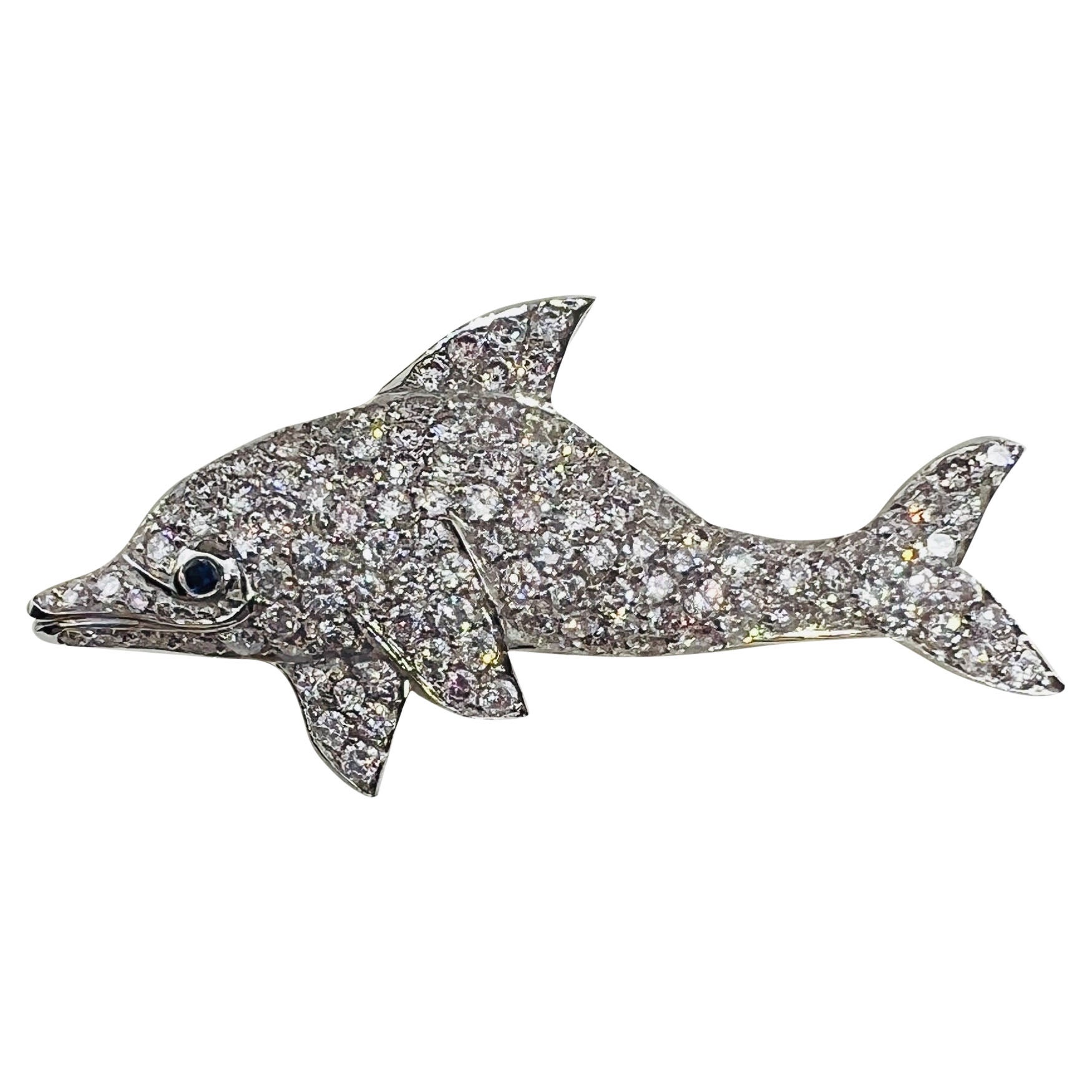 Platinum & Diamond Dolphin Brooch with Emerald Eye For Sale